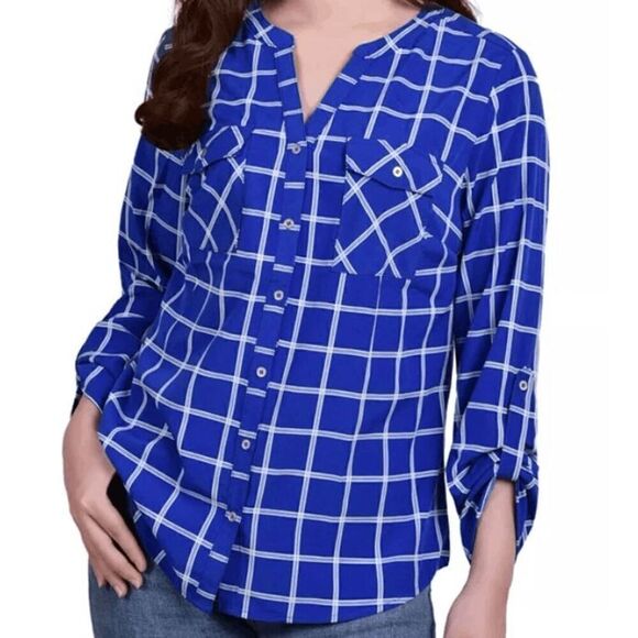 NY Collection Tops - NY Collection Women's Blue Petite 3/4 Sleeve Roll Tab Y Neck Blouse PL